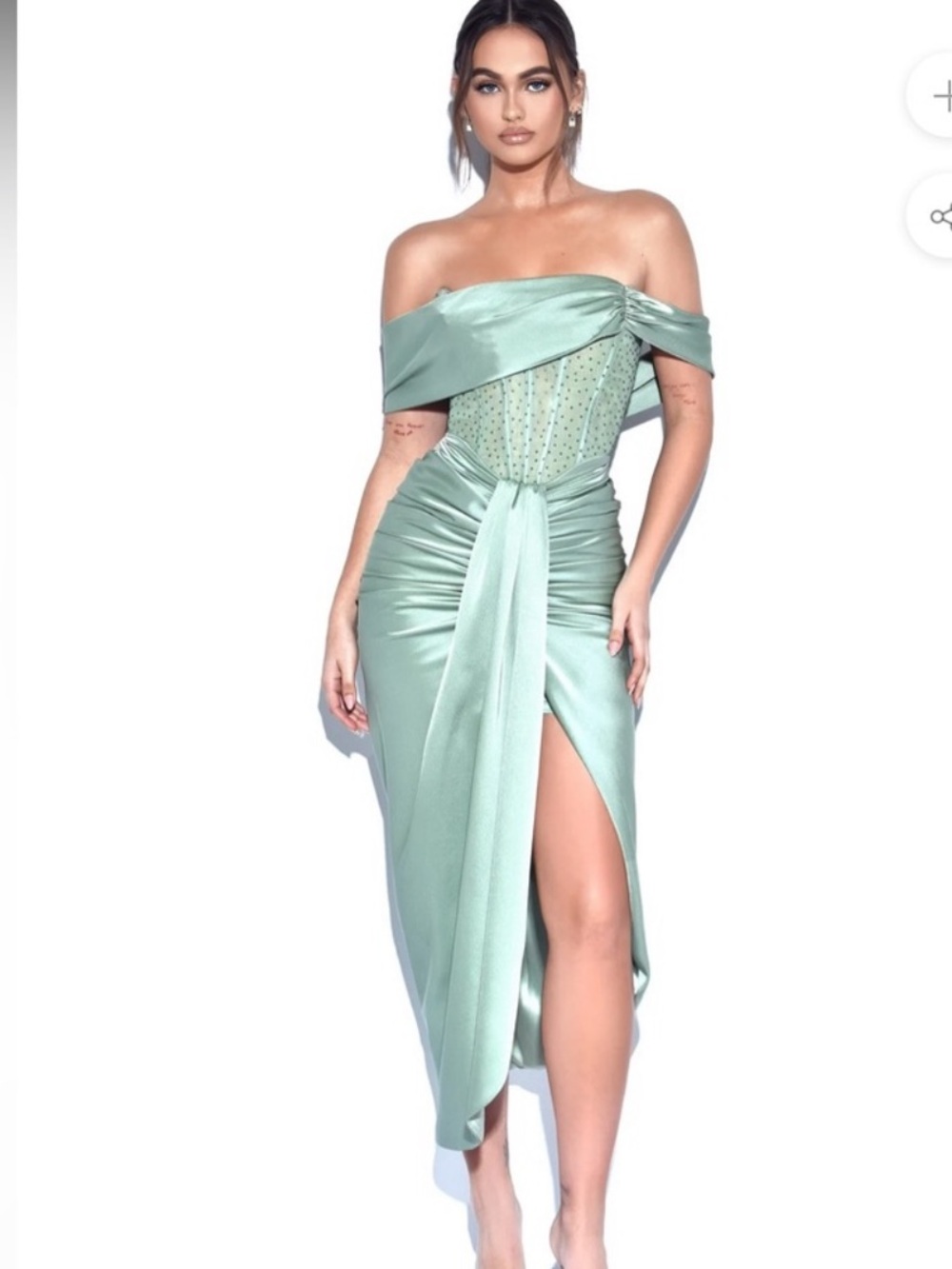 Miss Circle Stella Basil Off Shoulder Crystal Corset Satin Gown
